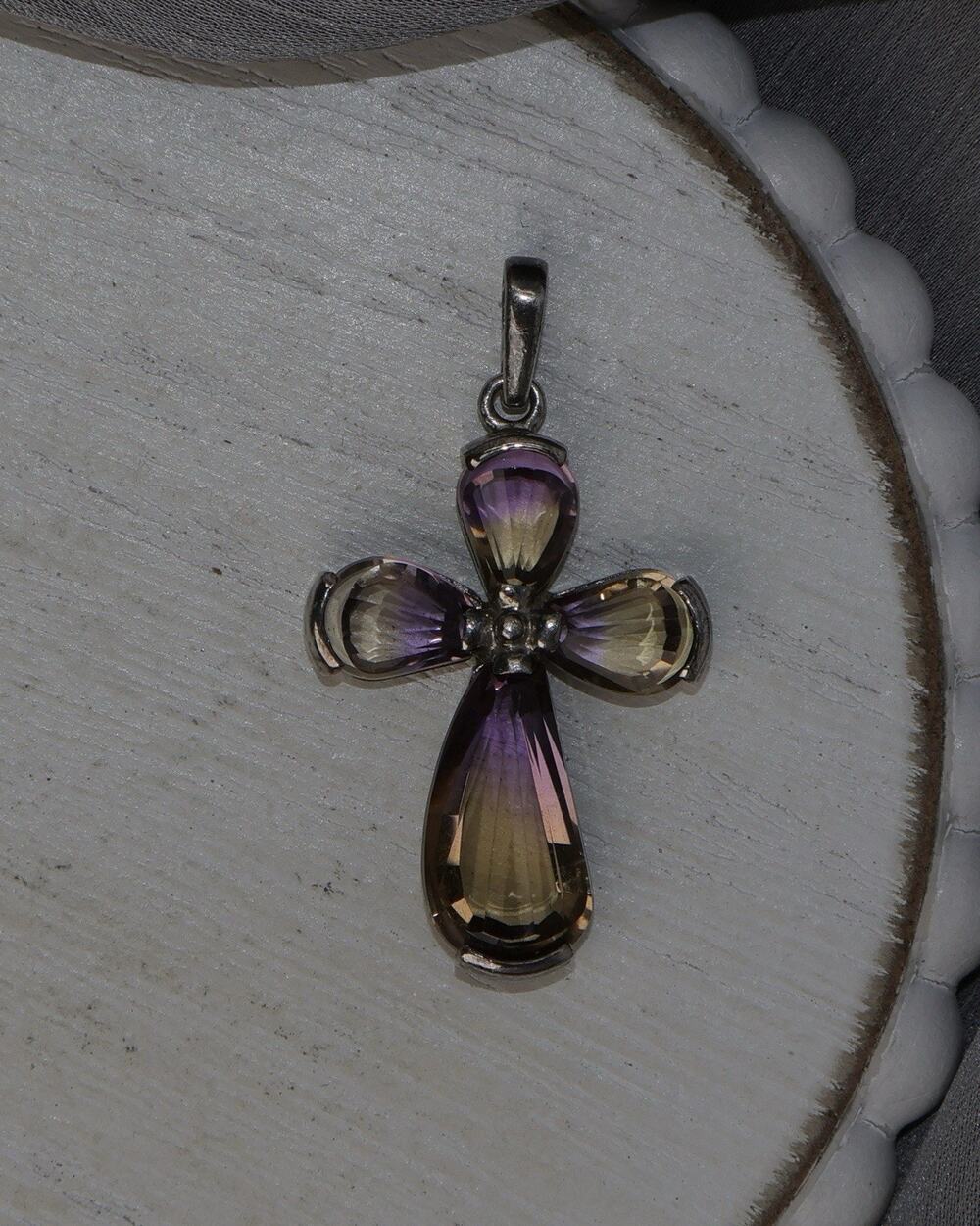 Vintage Sterling Silver Ametrine Cross Pendant 7G / 1.7in